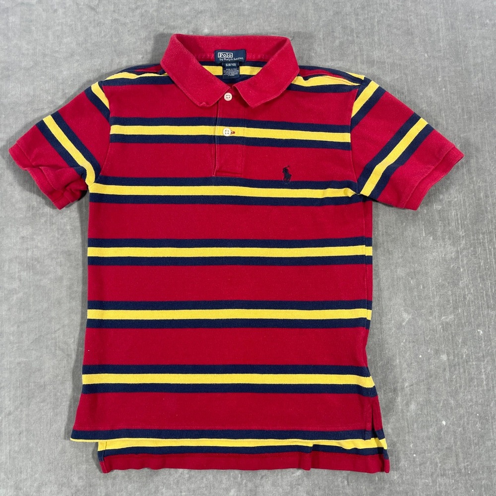 Vintage‎ Polo Ralph Lauren Kids S 8/10 Red Yellow Blue Stripe Short Sleeve Shirt